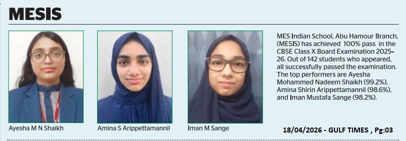 Indian Schools in Qatar excel in CBSE Class 10 exams – MESI