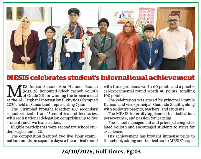 MESIS celebrates student’s international achievement