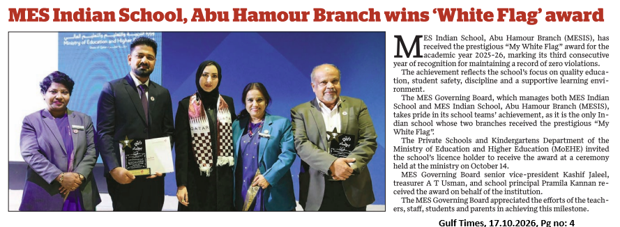 MES Indian School, Abu Hamour Branch wins ‘White Flag’ award’